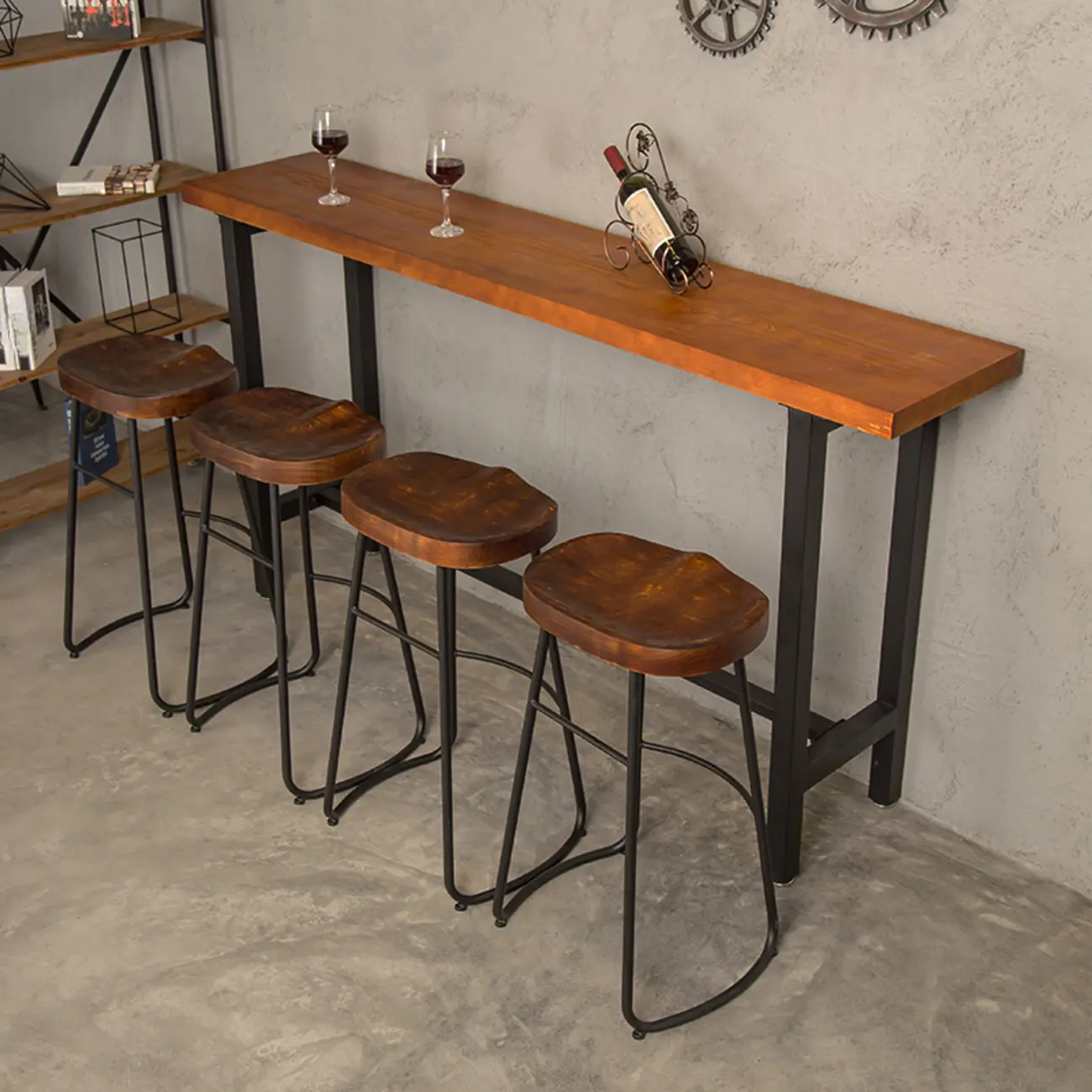 Modern Industrial Bar Table Wood Top Metal Trestle Base Image - 2 | homeyfad