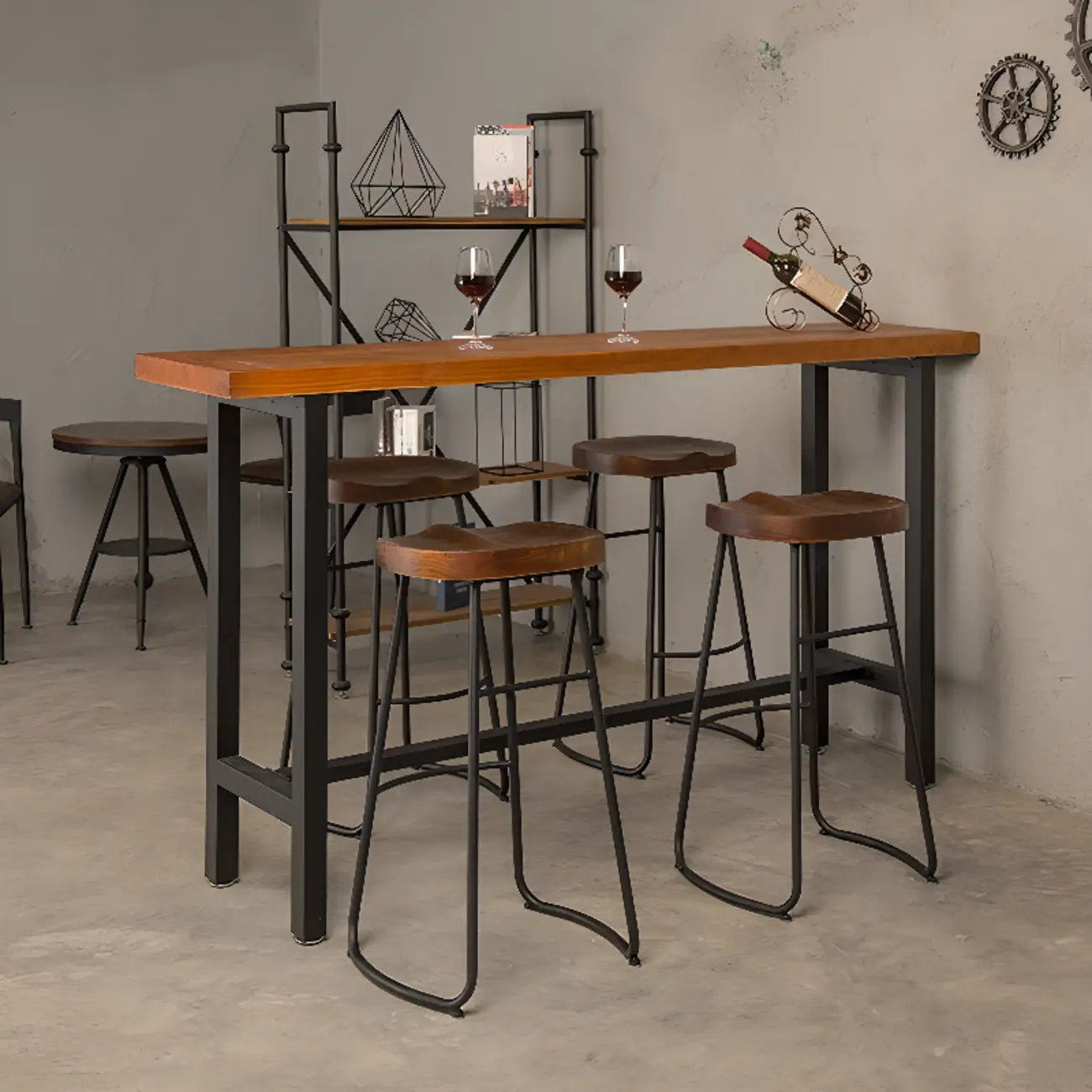 Modern Industrial Bar Table Wood Top Metal Trestle Base Image - 3 | homeyfad