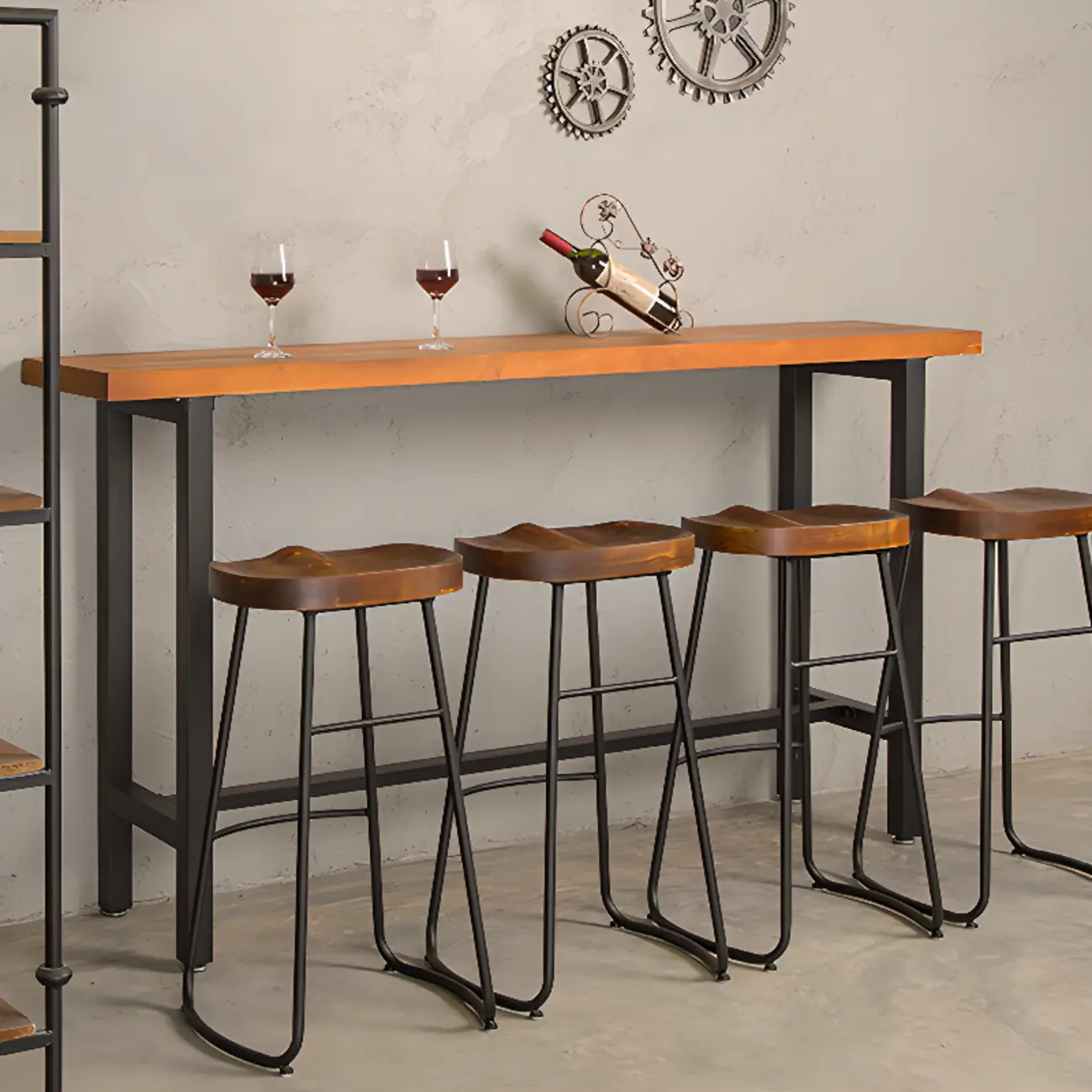 Modern Industrial Bar Table Wood Top Metal Trestle Base Image - 4 | homeyfad
