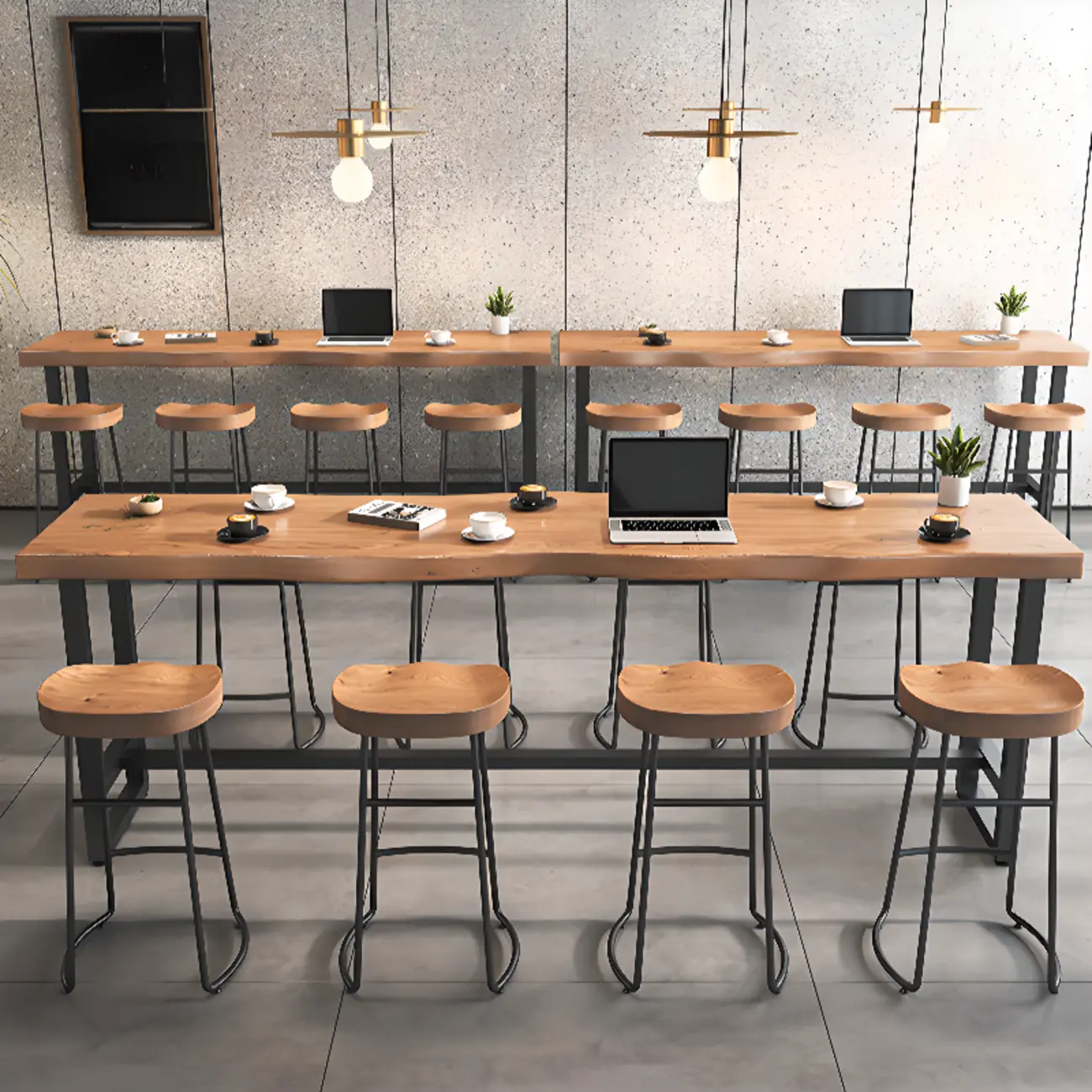 Modern Wooden Freeform Pub Table with Metal Trestle Base Image - 1 | homeyfad