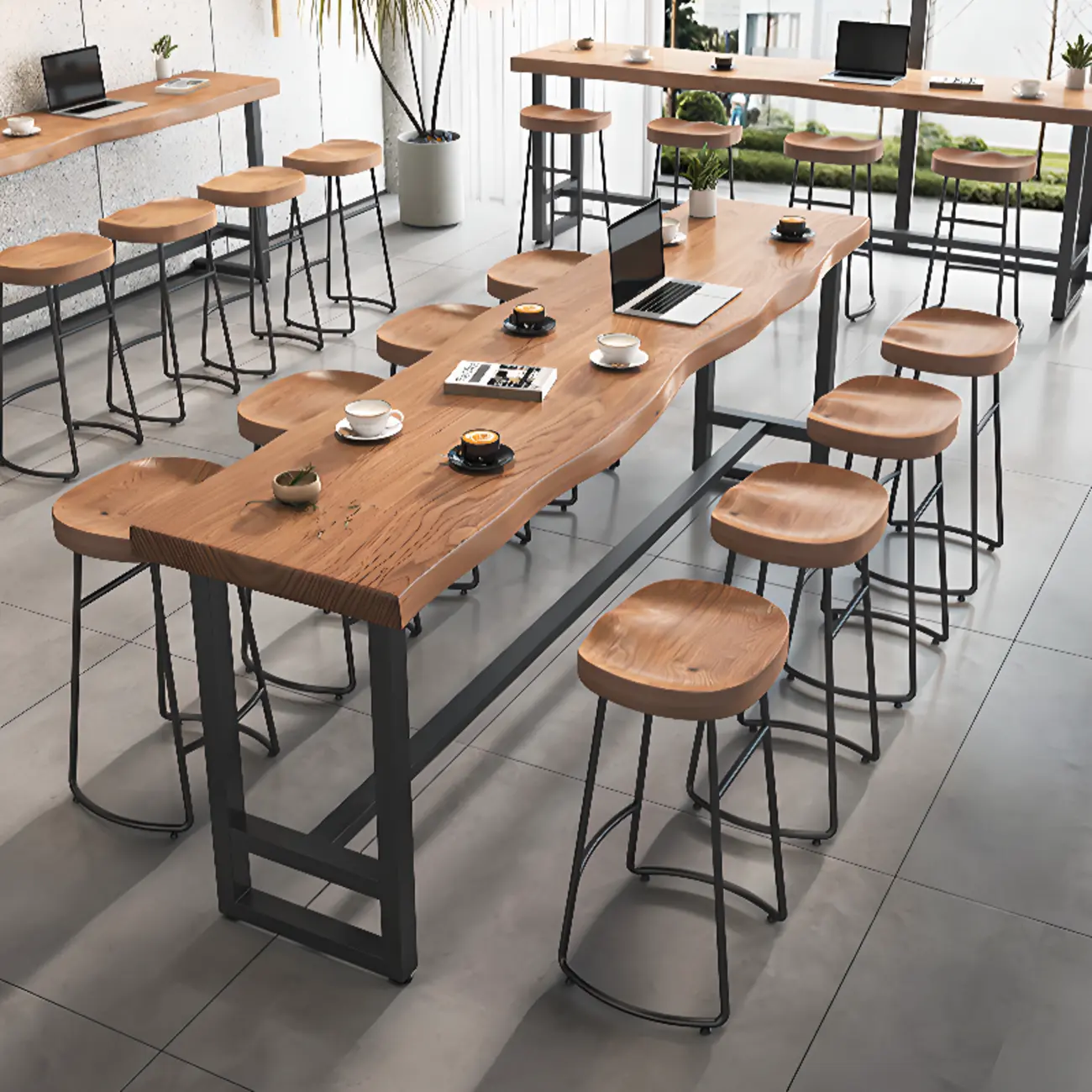 Modern Wooden Freeform Pub Table with Metal Trestle Base Image - 3 | homeyfad