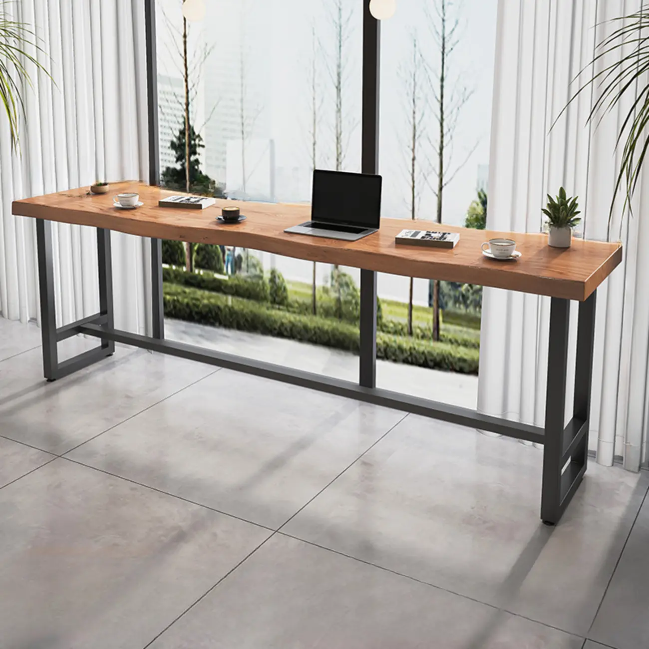 Modern Wooden Freeform Pub Table with Metal Trestle Base Image - 4 | homeyfad