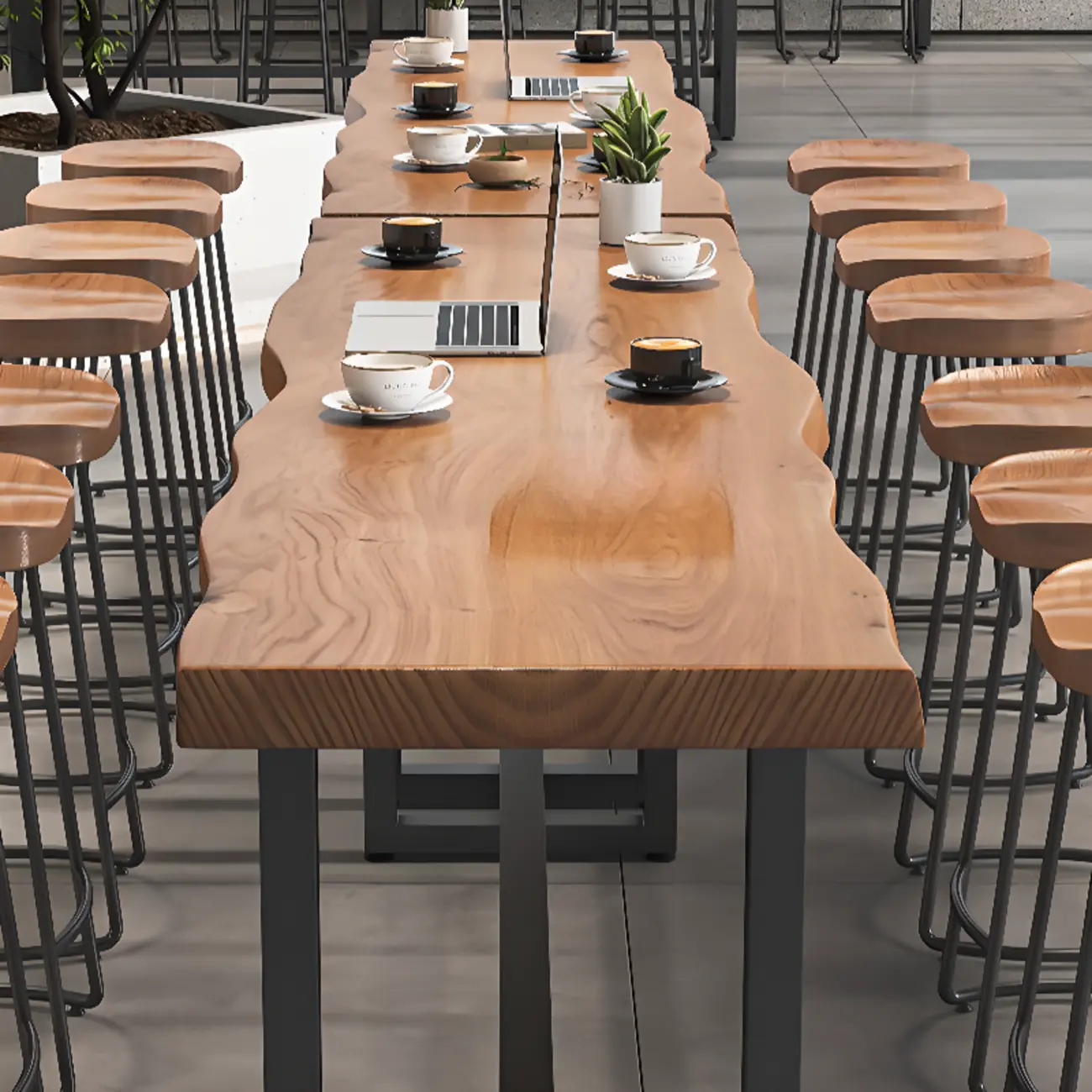 Modern Wooden Freeform Pub Table with Metal Trestle Base Image - 5 | homeyfad