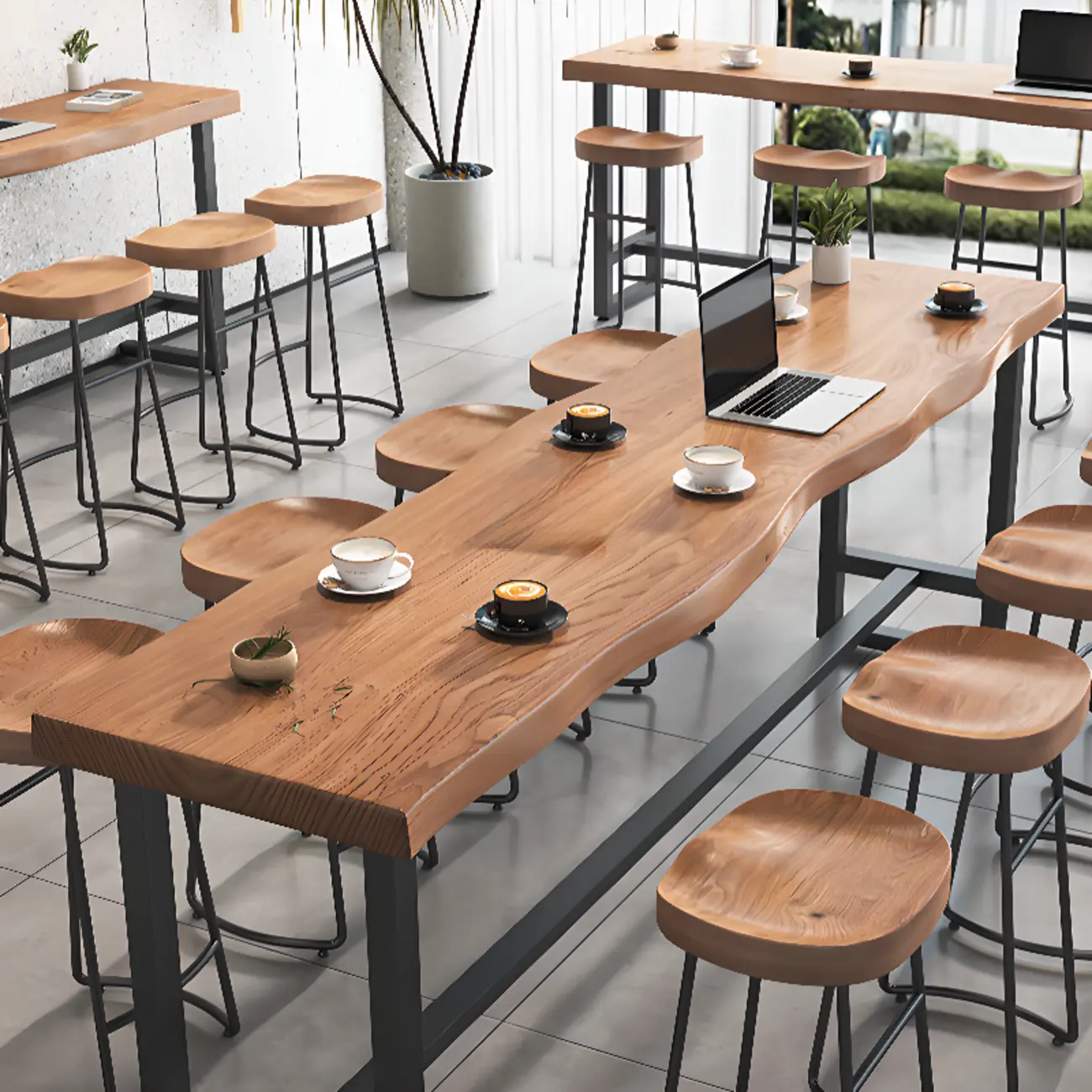 Modern Wooden Freeform Pub Table with Metal Trestle Base Image - 6 | homeyfad