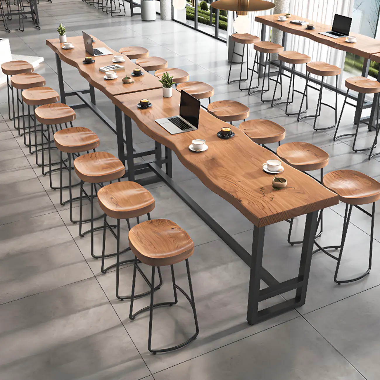 Modern Wooden Freeform Pub Table with Metal Trestle Base Image - 8 | homeyfad