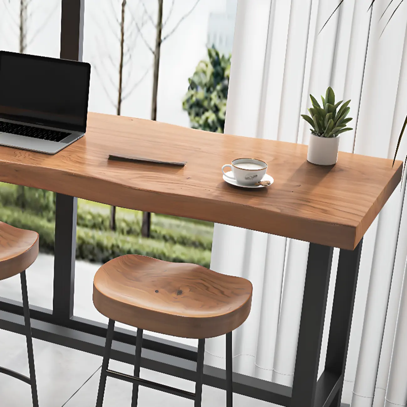 Modern Wooden Freeform Pub Table with Metal Trestle Base Image - 10 | homeyfad