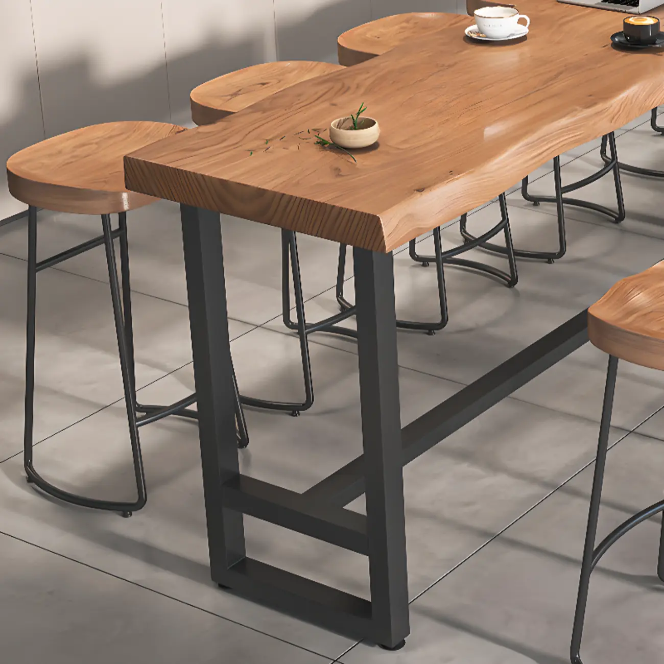 Modern Wooden Freeform Pub Table with Metal Trestle Base Image - 11 | homeyfad