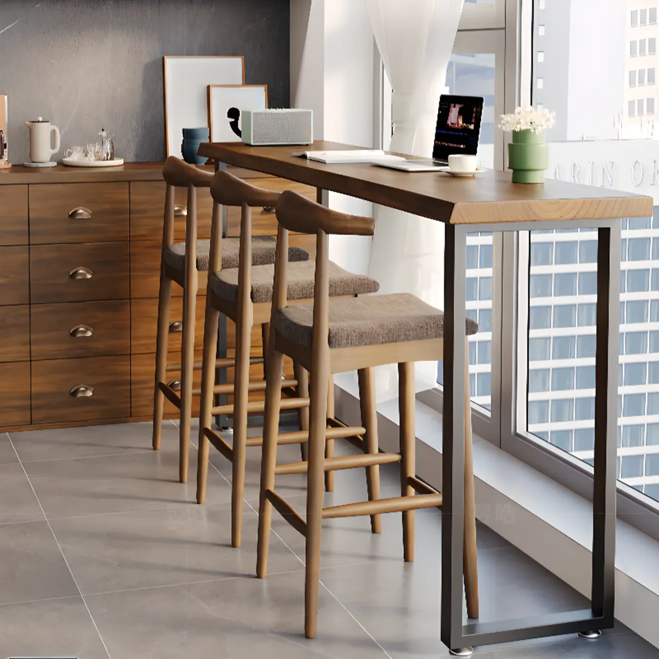 Rectangle Wooden Bar Height Table Metal Sled Base Image - 2 | homeyfad