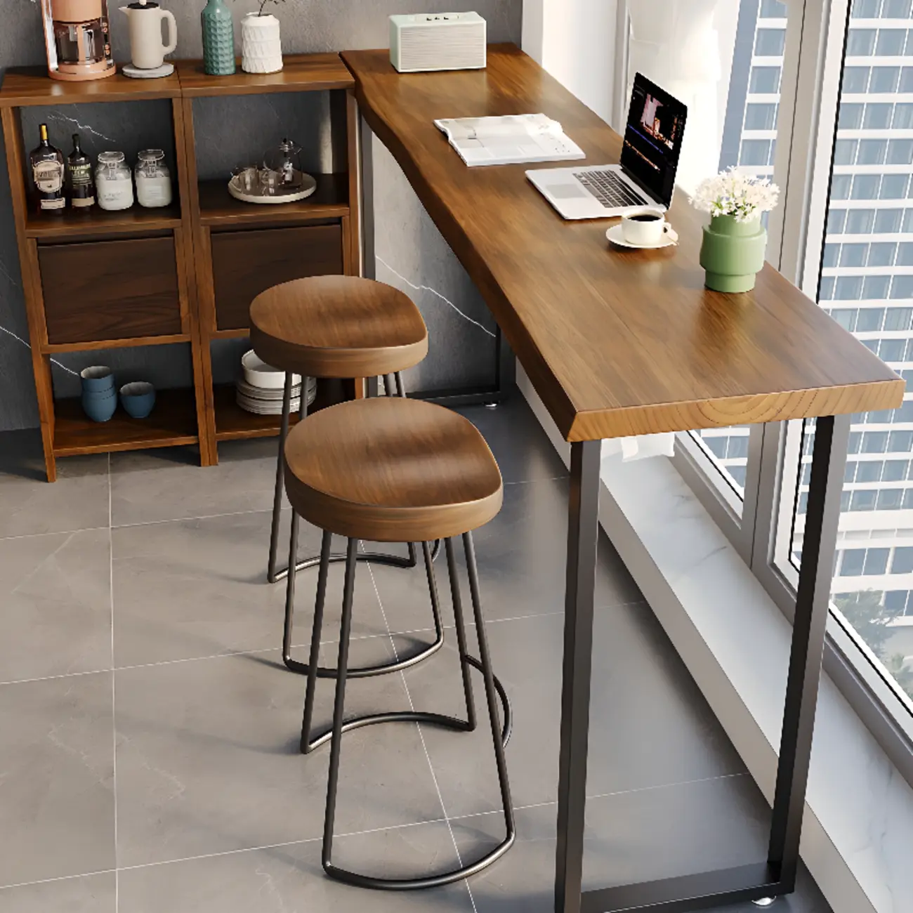 Rectangle Wooden Bar Height Table Metal Sled Base Image - 3 | homeyfad