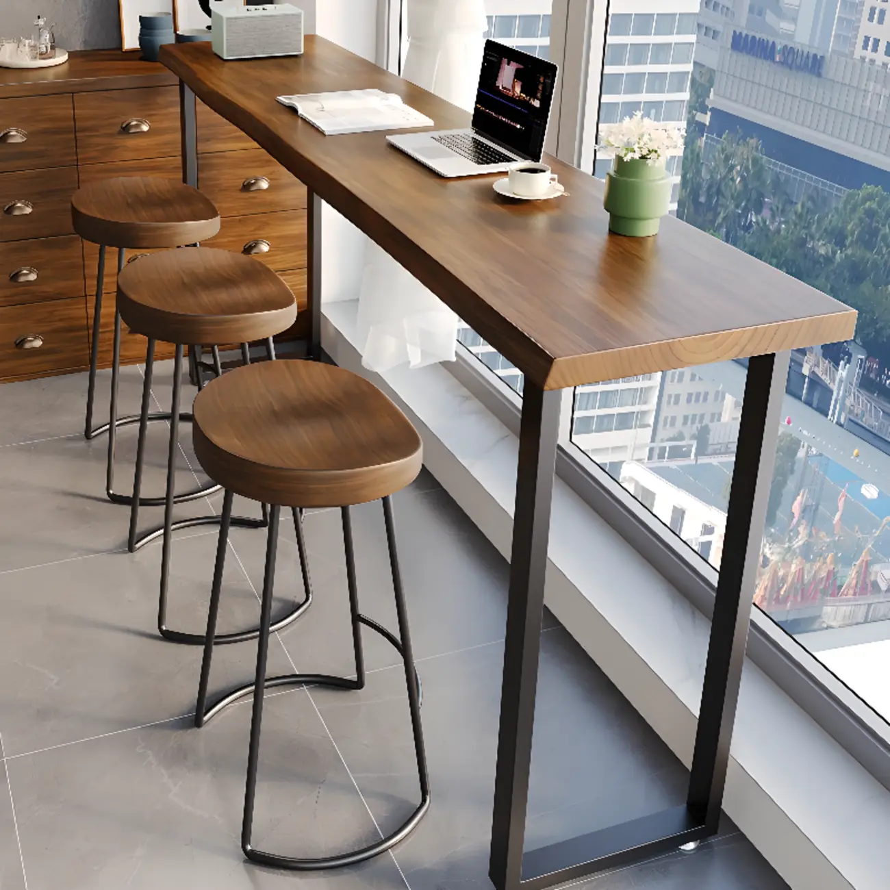 Rectangle Wooden Bar Height Table Metal Sled Base Image - 4 | homeyfad