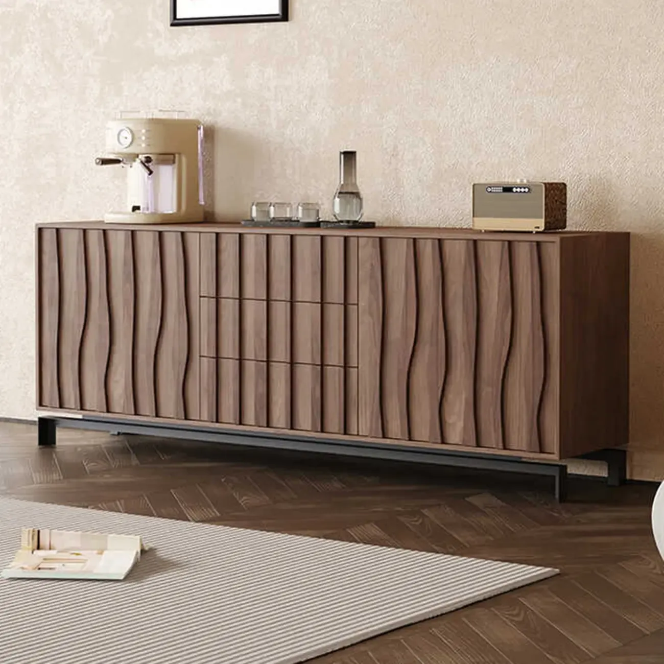 Mid-Century Modern Brown Wooden Waved Utility Storage Cabinet Image - 1