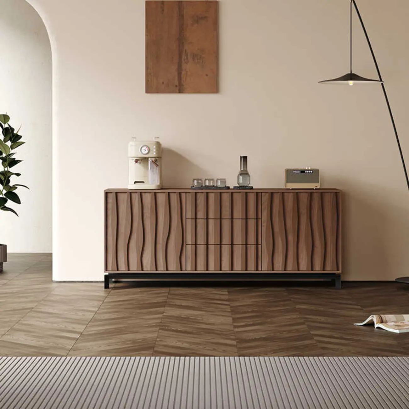 Mid-Century Modern Brown Wooden Waved Utility Storage Cabinet Image - 2 | homeyfad