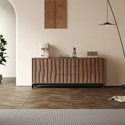 Mid-Century Modern Brown Wooden Waved Utility Storage Cabinet Image - 2