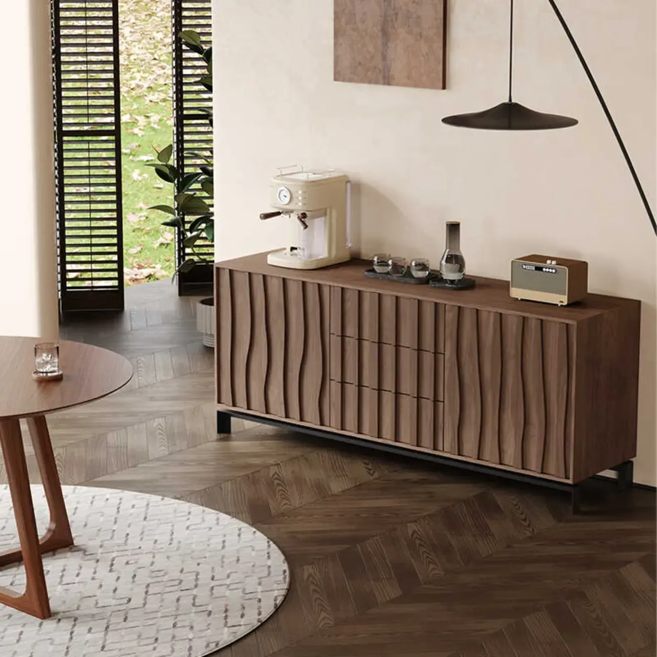 Mid-Century Modern Brown Wooden Waved Utility Storage Cabinet Image - 3