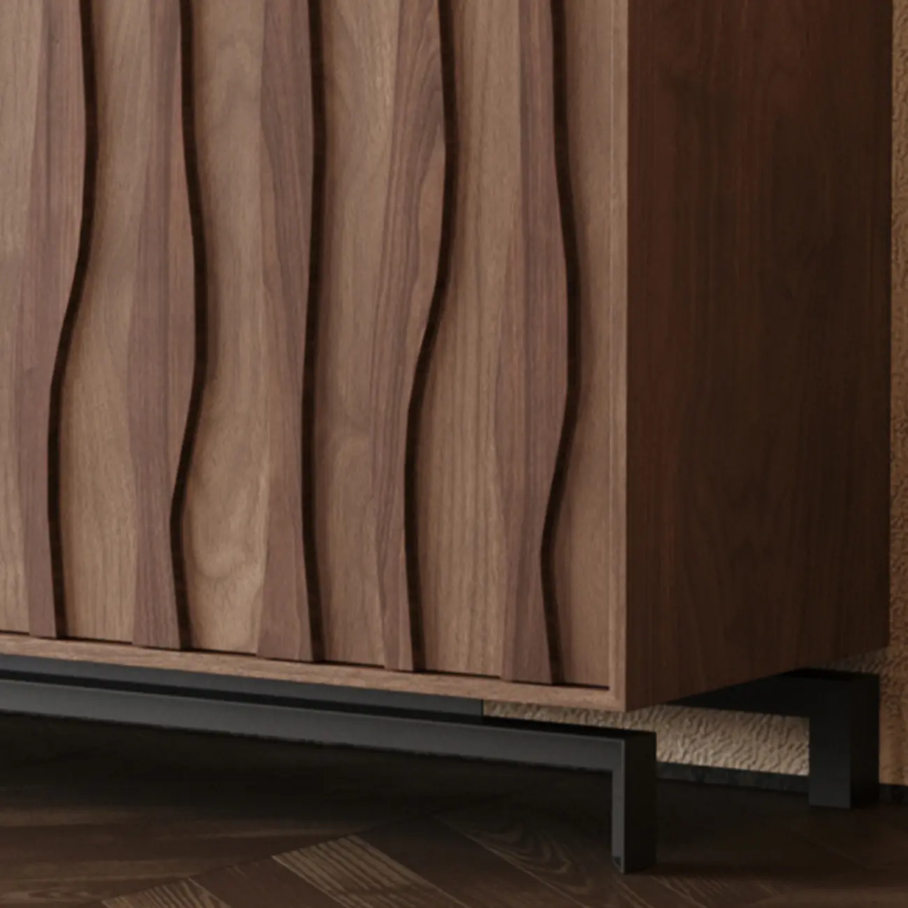 Mid-Century Modern Brown Wooden Waved Utility Storage Cabinet Image - 5 | homeyfad