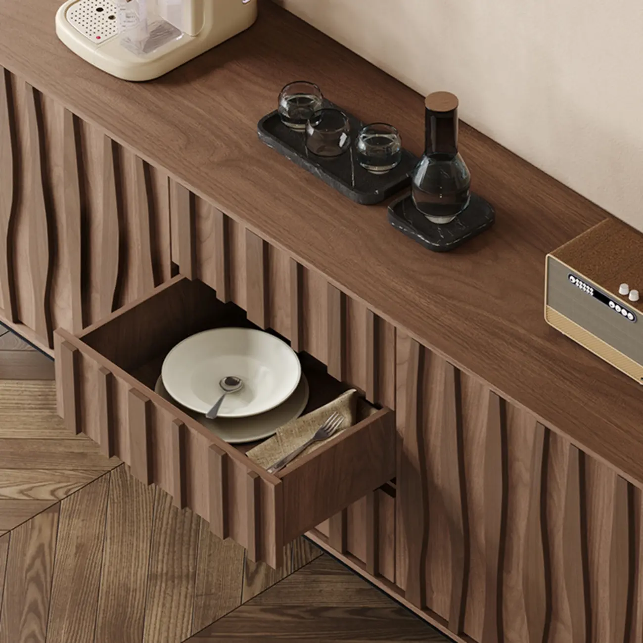 Mid-Century Modern Brown Wooden Waved Utility Storage Cabinet Image - 8 | homeyfad