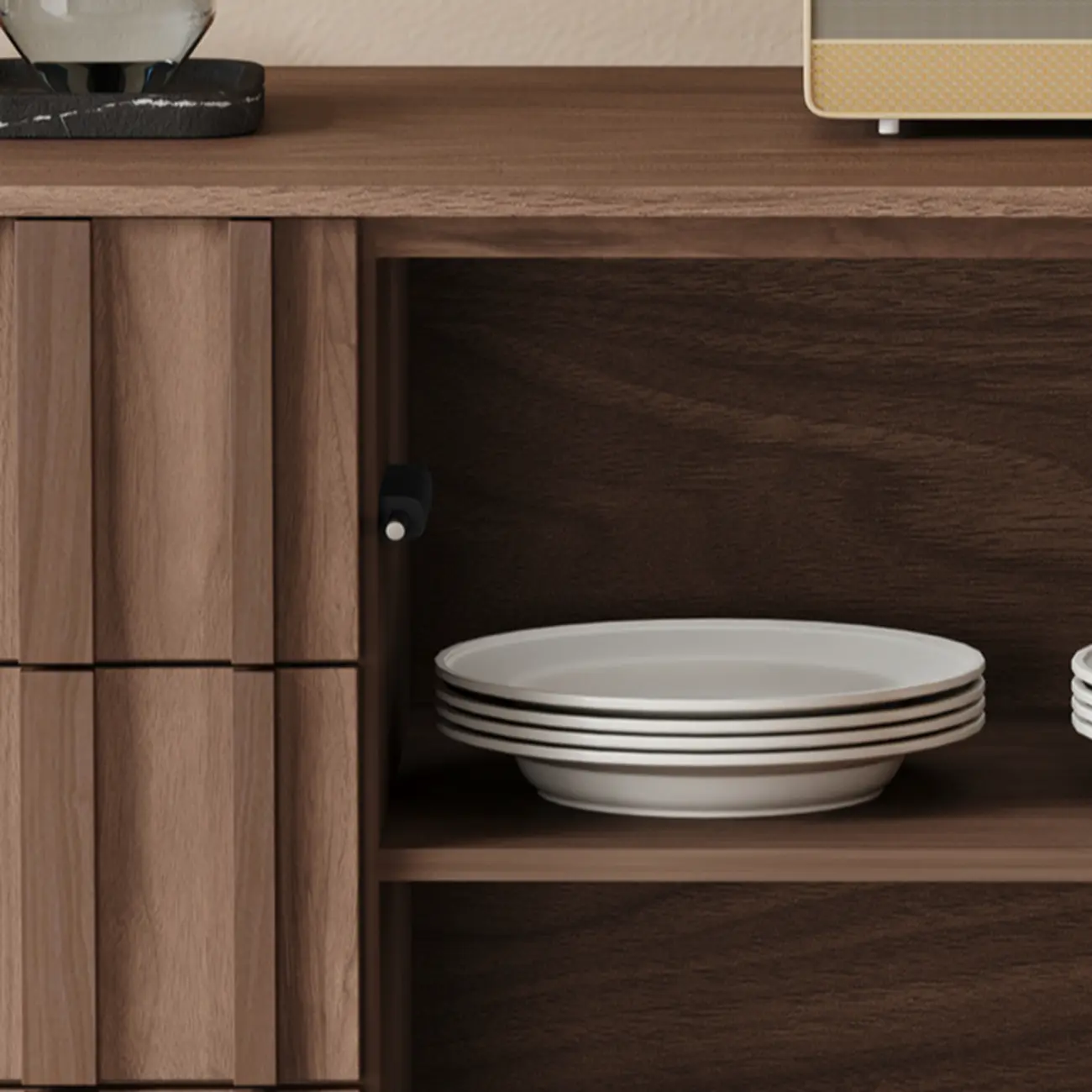 Mid-Century Modern Brown Wooden Waved Utility Storage Cabinet Image - 7 | homeyfad