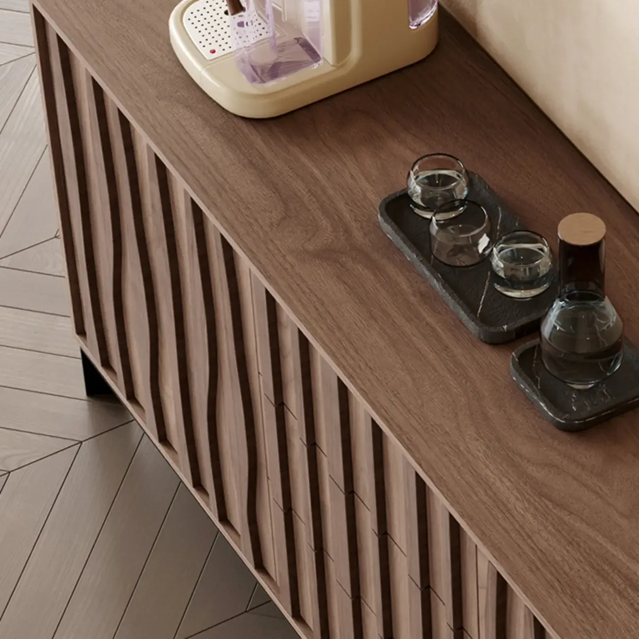 Mid-Century Modern Brown Wooden Waved Utility Storage Cabinet Image - 6