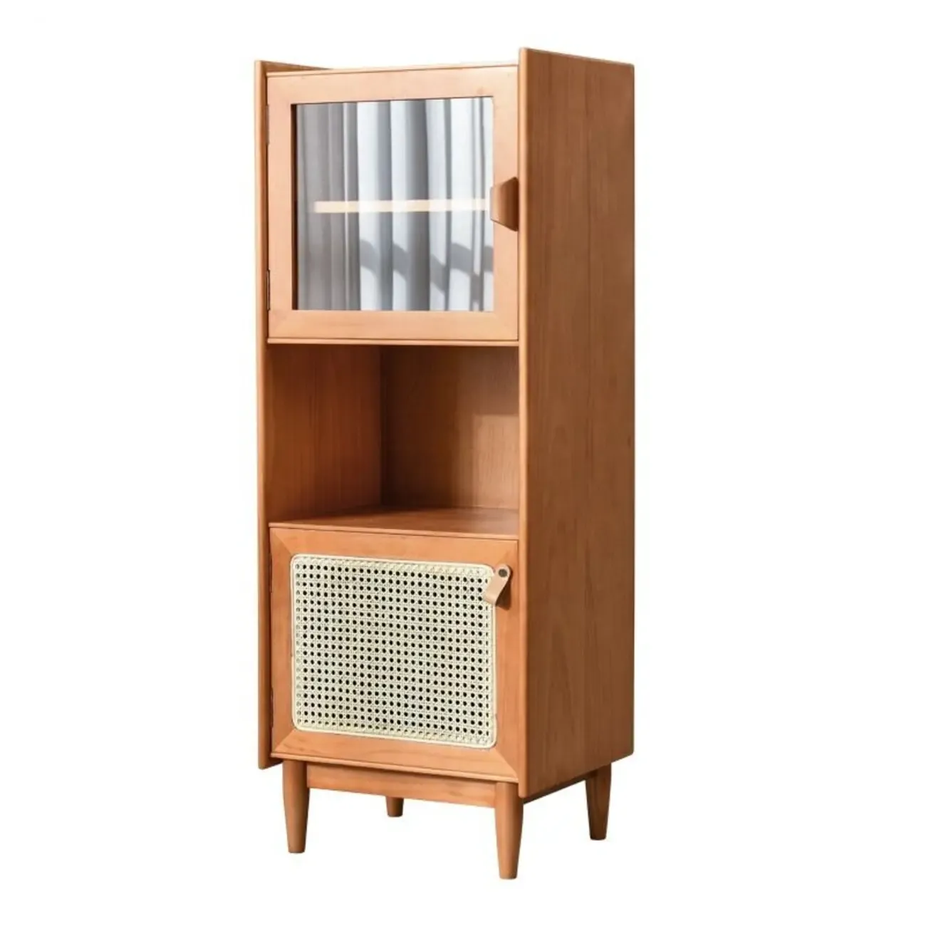 3-Tier Versatile Natural Cherry Wood Glass Rattan Utility Cabinet | HomeyFad