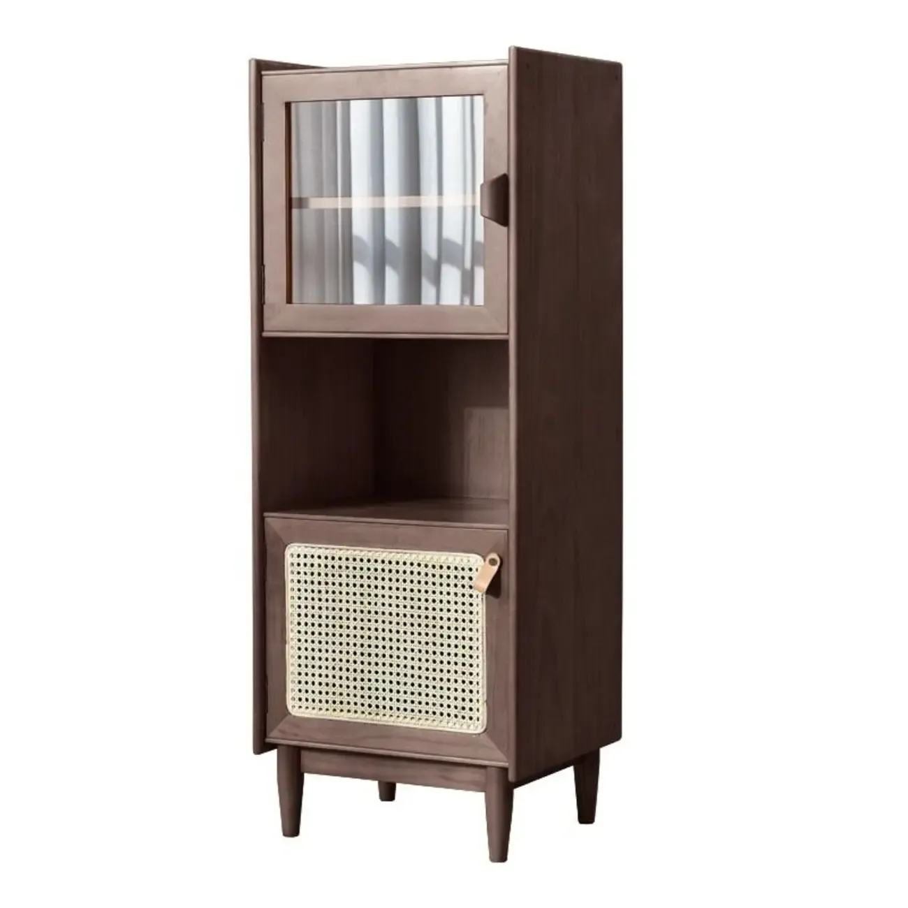 3-Tier Versatile Natural Cherry Wood Glass Rattan Utility Cabinet Image - 5