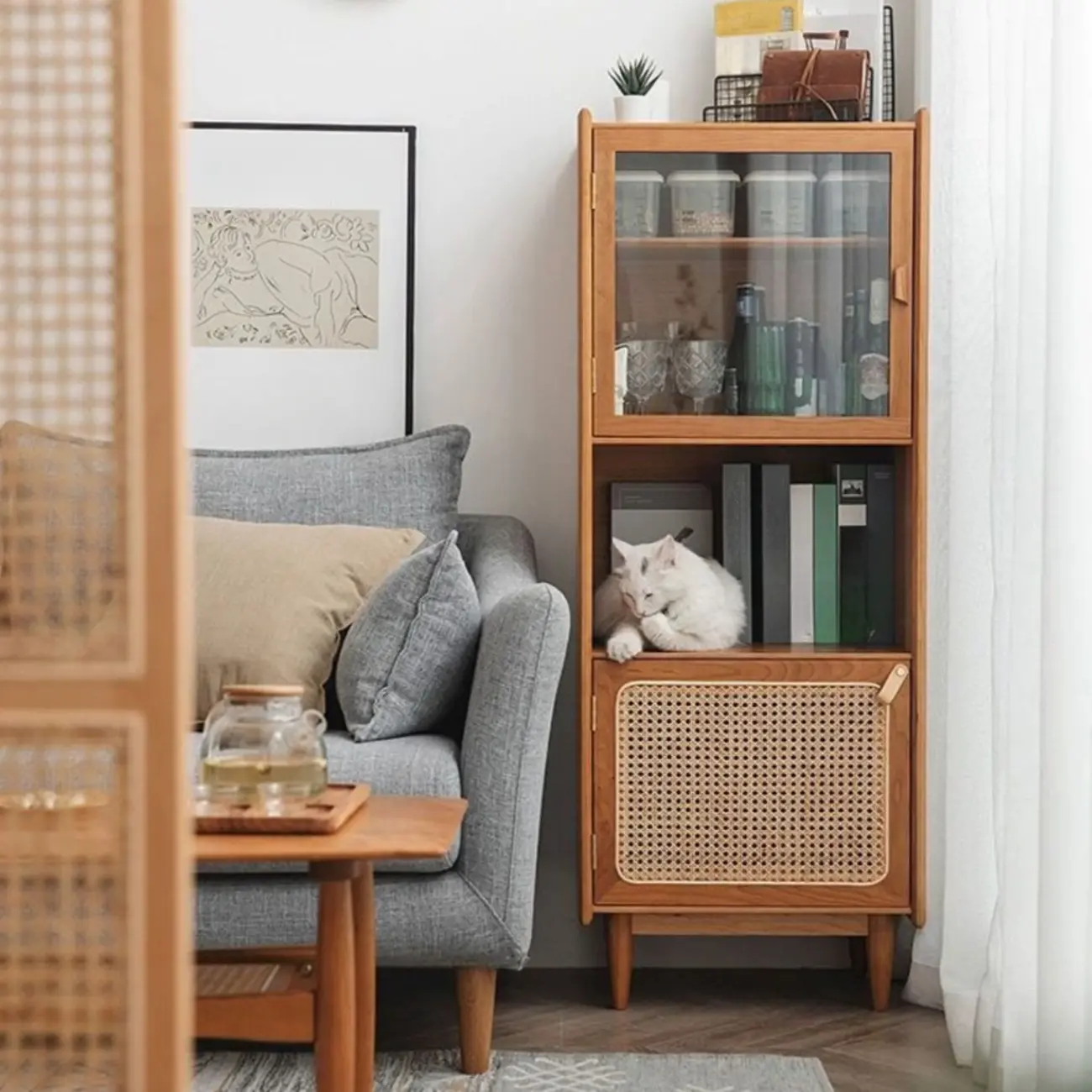 3-Tier Versatile Natural Cherry Wood Glass Rattan Utility Cabinet Image - 3 | homeyfad