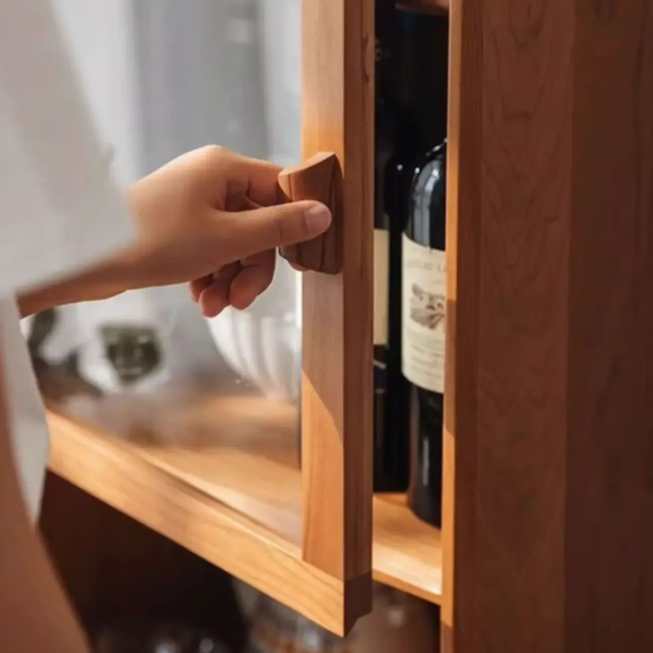 3-Tier Versatile Natural Cherry Wood Glass Rattan Utility Cabinet Image - 6