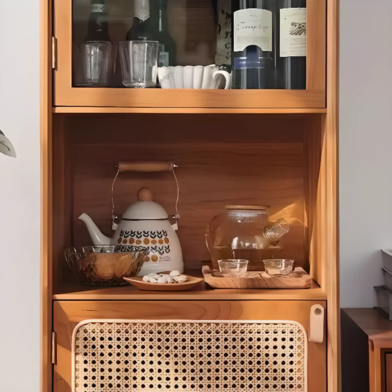 3-Tier Versatile Natural Cherry Wood Glass Rattan Utility Cabinet Image - 7 | homeyfad