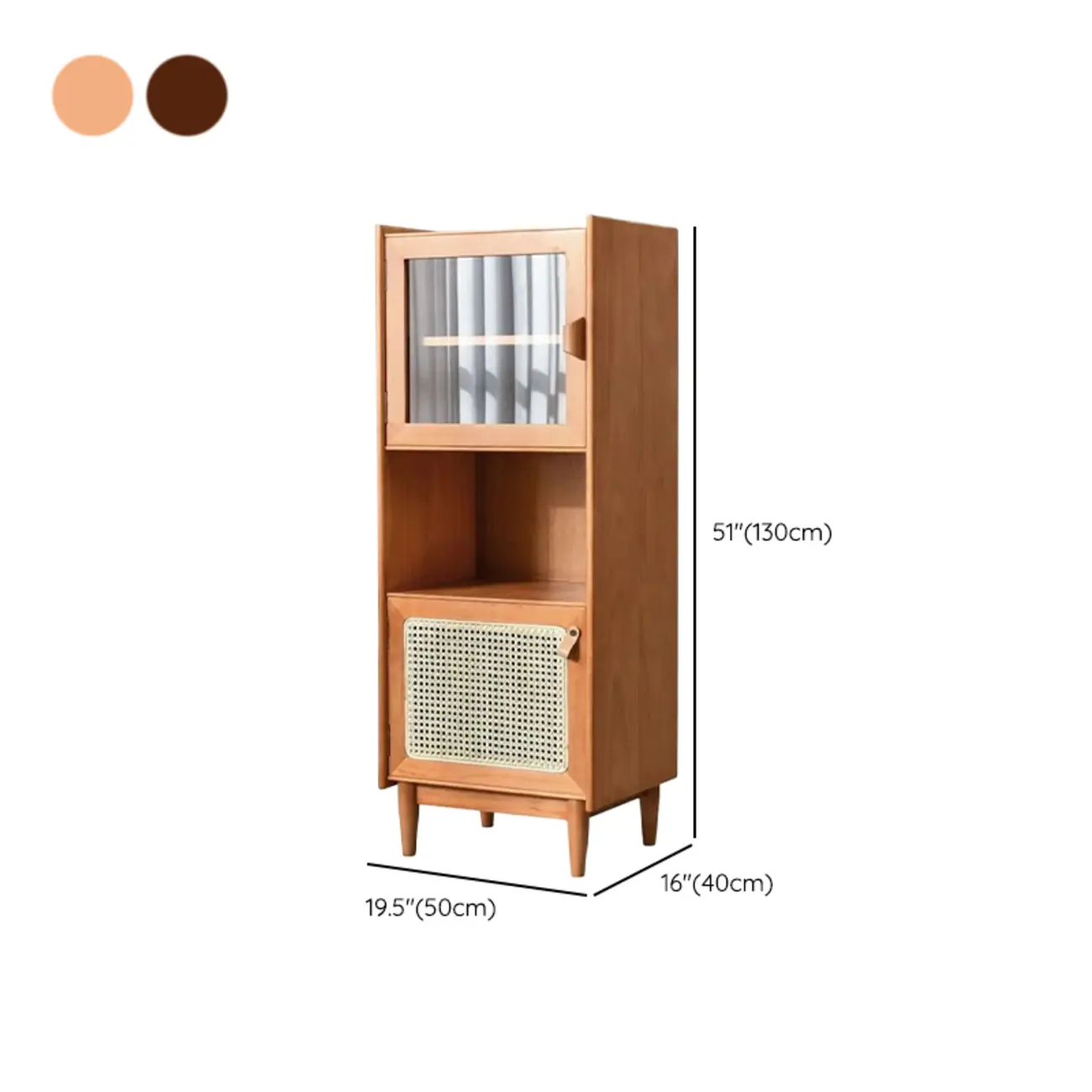 3-Tier Versatile Natural Cherry Wood Glass Rattan Utility Cabinet #size