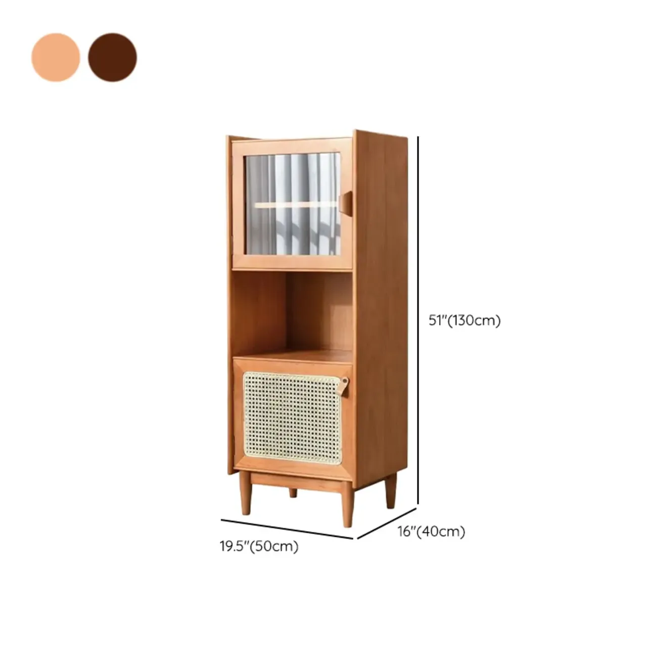 3-Tier Versatile Natural Cherry Wood Glass Rattan Utility Cabinet #size