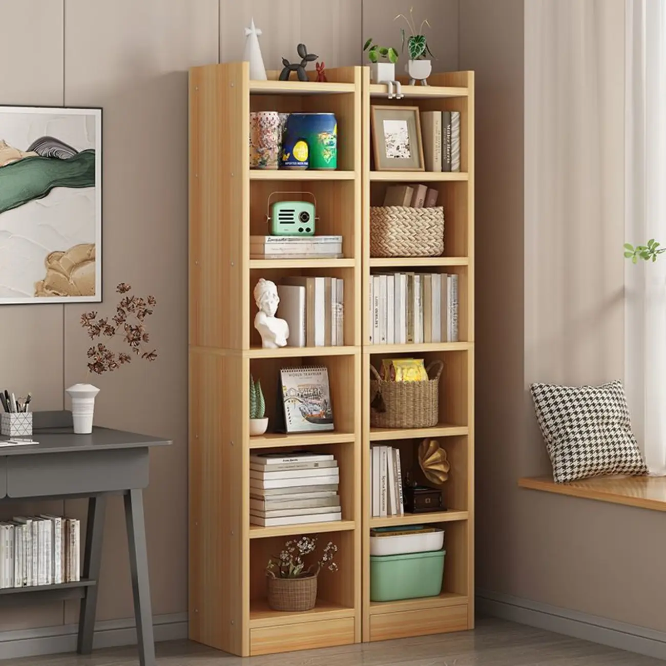 Scandinavian Oak Rectangle 5-Shelf Wood Bookcase Image - 2 | homeyfad