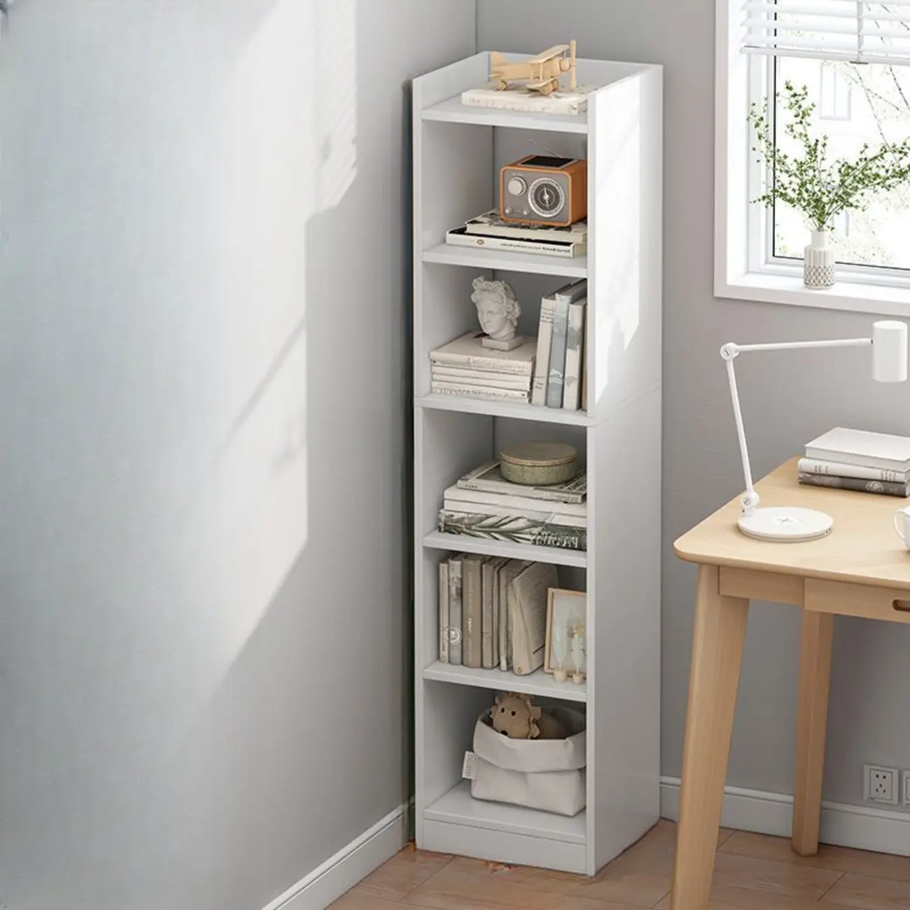 Scandinavian Oak Rectangle 5-Shelf Wood Bookcase Image - 13 | homeyfad