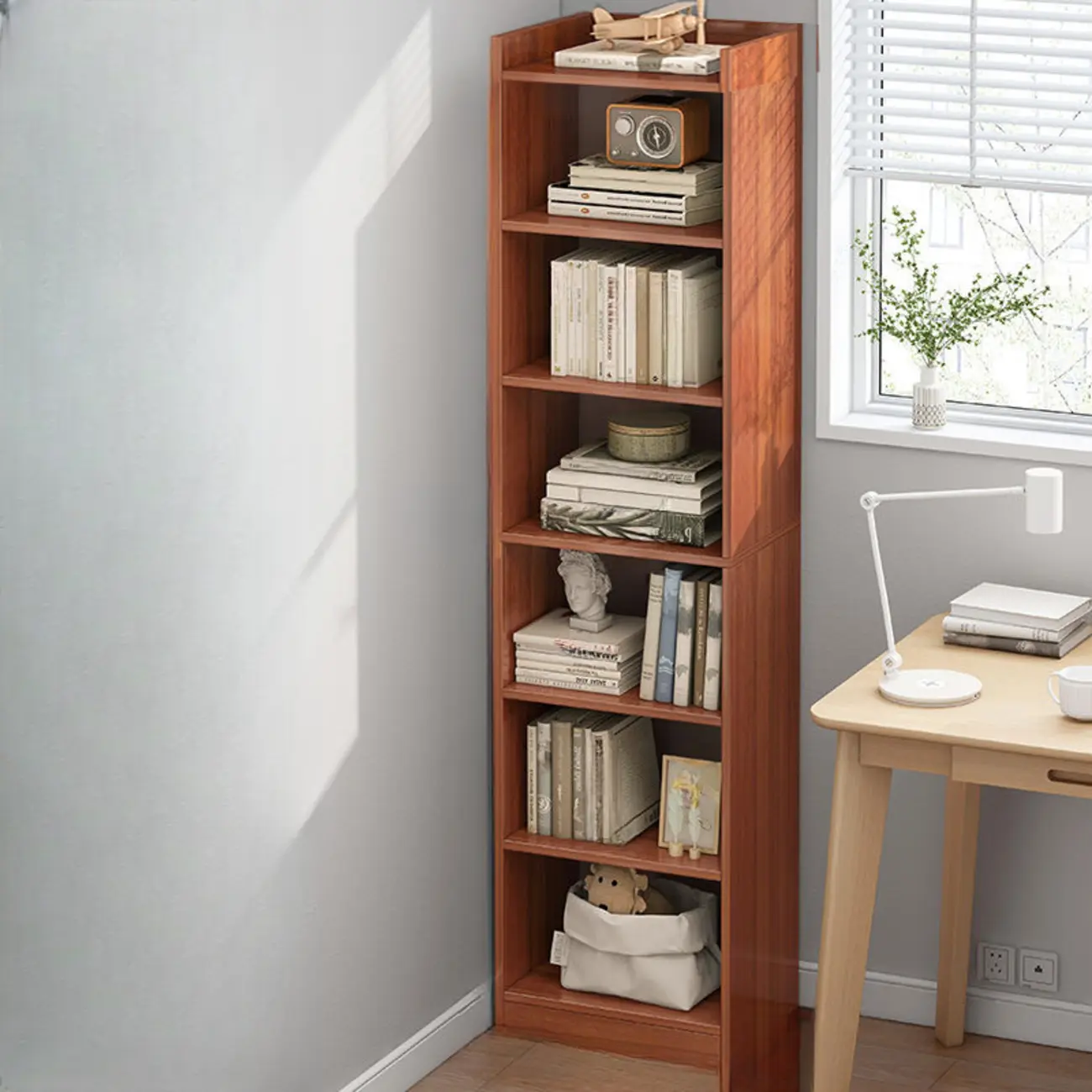Scandinavian Oak Rectangle 5-Shelf Wood Bookcase Image - 14 | homeyfad