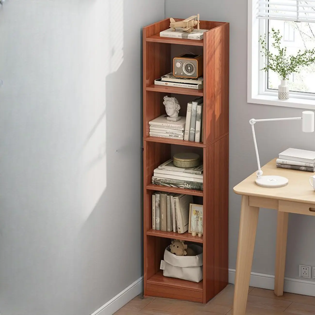 Scandinavian Oak Rectangle 5-Shelf Wood Bookcase Image - 23 | homeyfad