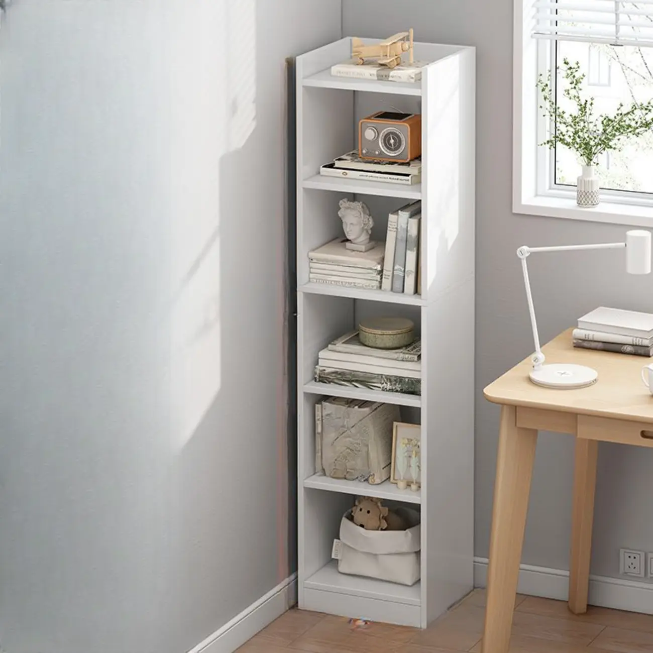 Scandinavian Oak Rectangle 5-Shelf Wood Bookcase Image - 25 | homeyfad