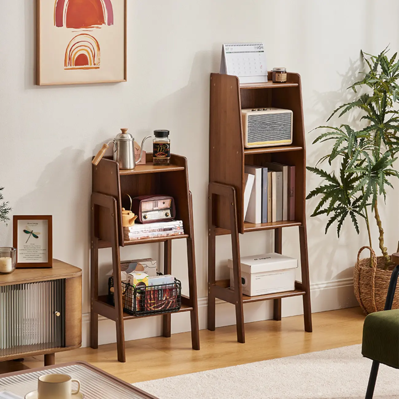 Scandinavian Narrow Brown Wood Multi-Tier Ladder Bookcase Image - 1 | homeyfad