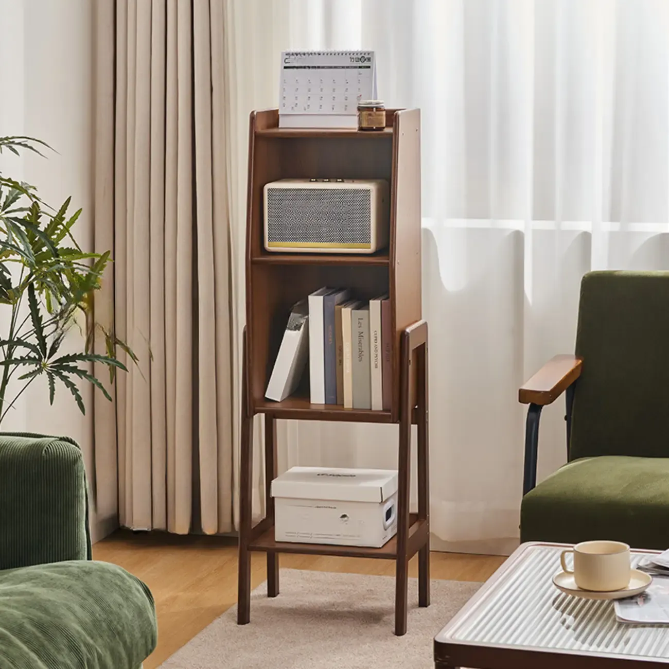 Scandinavian Narrow Brown Wood Multi-Tier Ladder Bookcase Image - 3