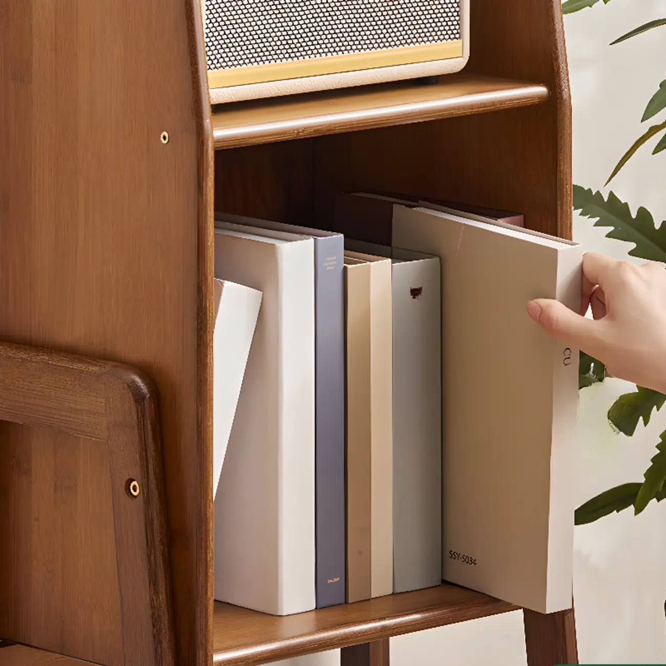 Scandinavian Narrow Brown Wood Multi-Tier Ladder Bookcase Image - 13 | homeyfad