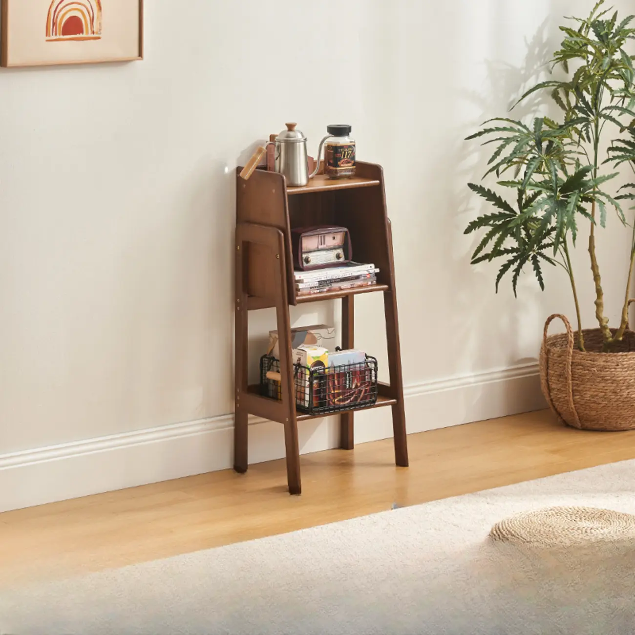 Scandinavian Narrow Brown Wood Multi-Tier Ladder Bookcase Image - 8 | homeyfad