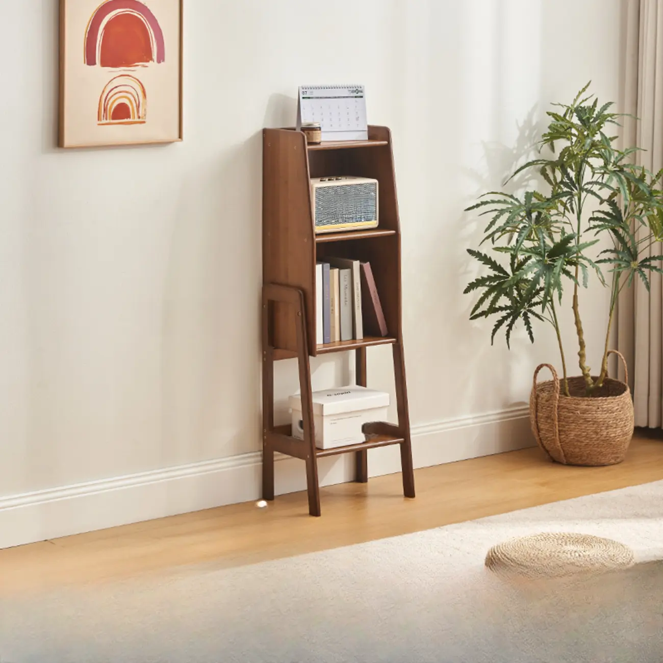 Scandinavian Narrow Brown Wood Multi-Tier Ladder Bookcase Image - 6 | homeyfad