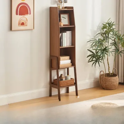 Scandinavian Narrow Brown Wood Multi-Tier Ladder Bookcase Image - 4