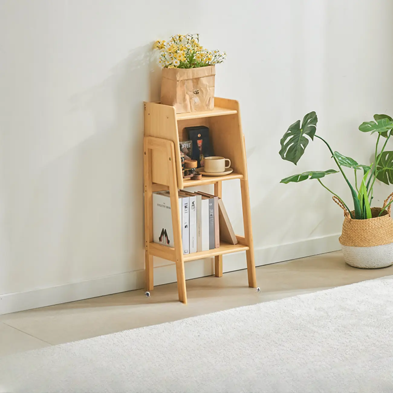 Scandinavian Narrow Brown Wood Multi-Tier Ladder Bookcase Image - 9 | homeyfad