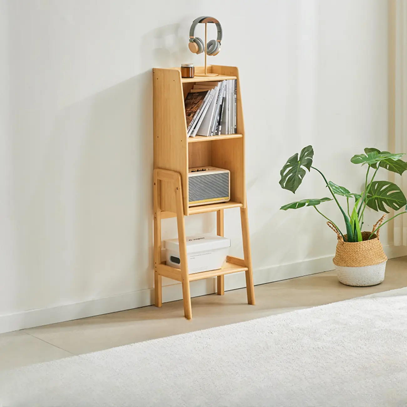 Scandinavian Narrow Brown Wood Multi-Tier Ladder Bookcase Image - 7 | homeyfad