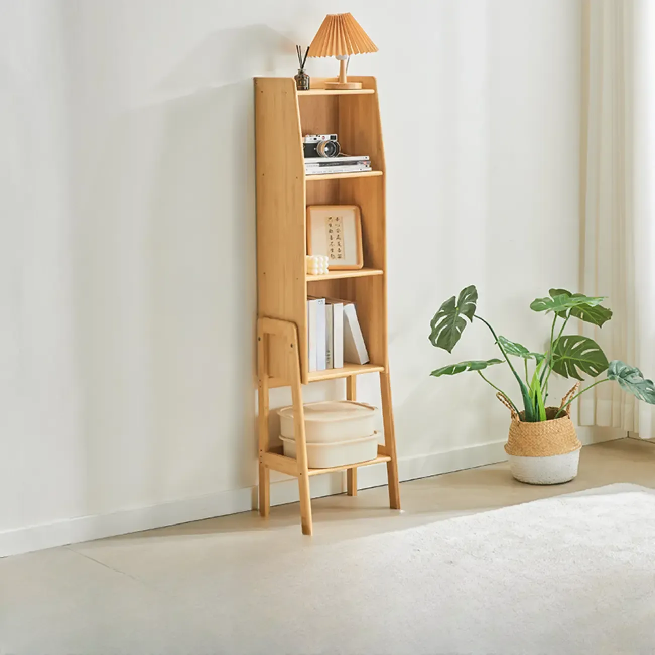 Scandinavian Narrow Brown Wood Multi-Tier Ladder Bookcase Image - 5