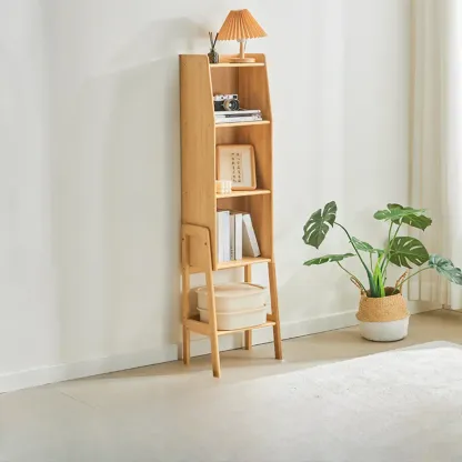 Scandinavian Narrow Brown Wood Multi-Tier Ladder Bookcase Image - 5
