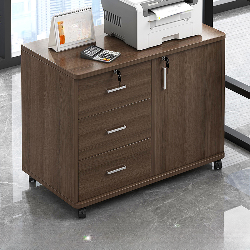 Lockable Brown Lateral Wooden Rolling Office Filing Cabinet | homeyfad