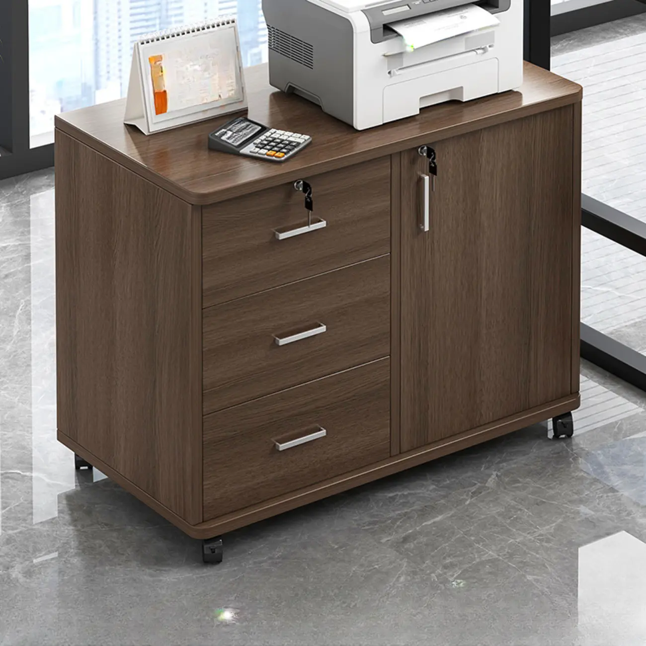 Lockable Brown Lateral Wooden Rolling Office Filing Cabinet Image - 22 | homeyfad
