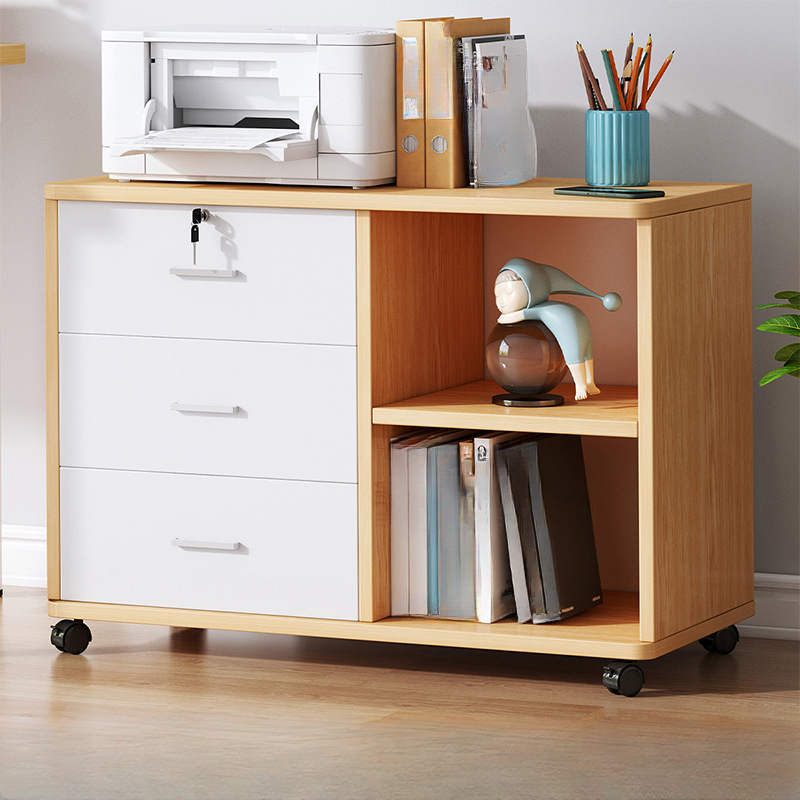 Lockable Brown Lateral Wooden Rolling Office Filing Cabinet | homeyfad