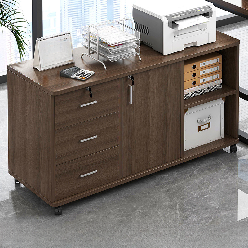 Lockable Brown Lateral Wooden Rolling Office Filing Cabinet | homeyfad