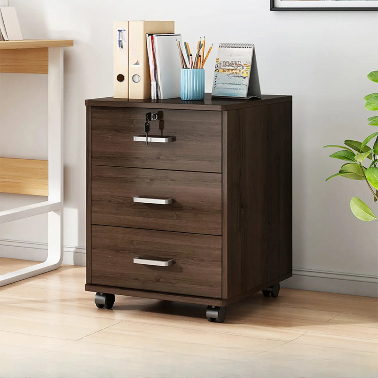 Lockable Brown Lateral Wooden Rolling Office Filing Cabinet Image - 4 | homeyfad
