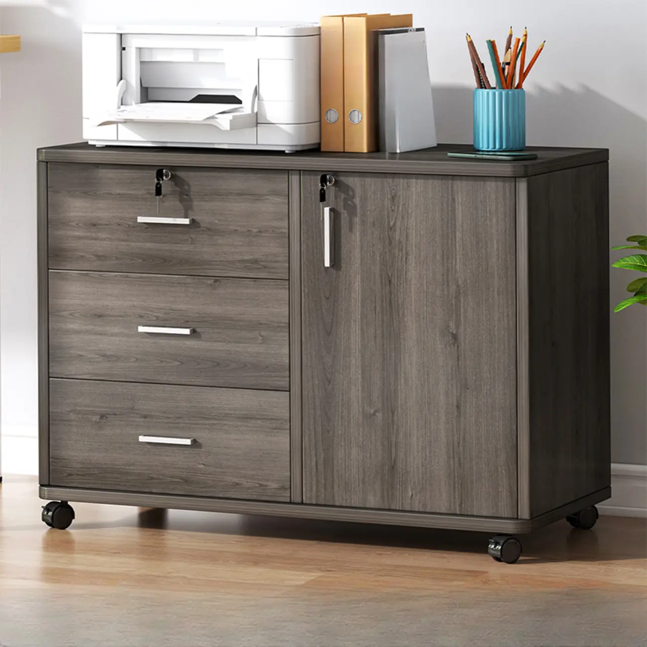 Lockable Brown Lateral Wooden Rolling Office Filing Cabinet Image - 24 | homeyfad